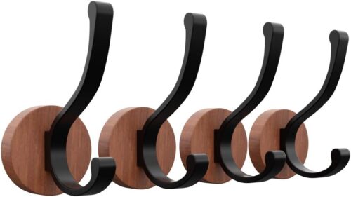Wood Coat Hooks Wall Mounted - Heavy Duty Premium Solid Walnut Wood And Aluminium Black Hooks – Rustic Towel Hooks For Bathroom, Bedroom, Entryway