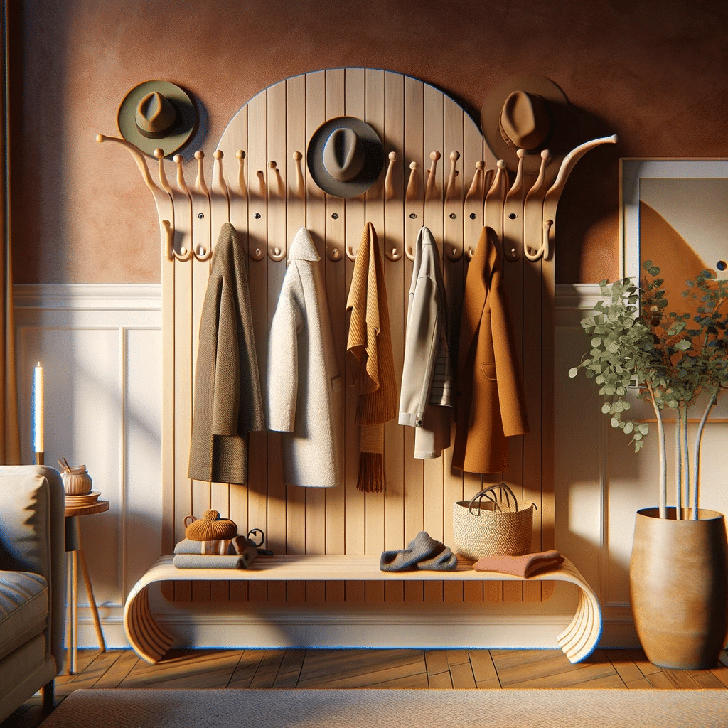Dall·e 2024 01 24 14.00.31 This Image Should Capture The Essence Of A Beautiful Wall Mounted Coat Rack By Sayoneyes Blending Functionality And Emotion. The Coat Rack Is Elegan Transforming Spaces, Touching Hearts: The Art Of Home Organization