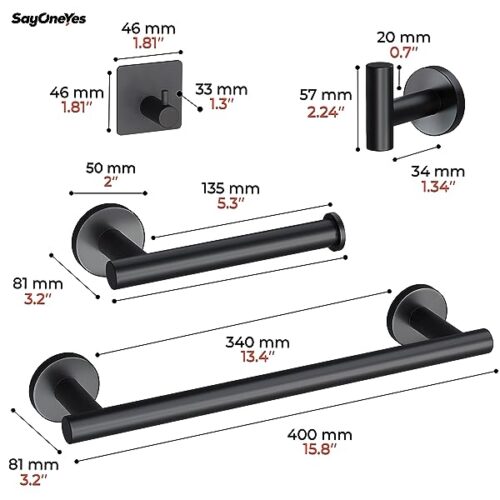 5 Pieces Matte Black Bathroom Hardware Set - Includes 16 Inch Towel Bar, Toilet Paper Holder, 3 Towel Hooks – Sus304 Stainless Steel Bathroom Accessory Set Wall Mounted