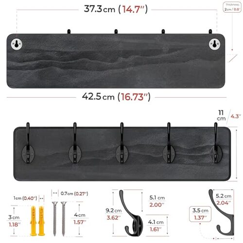 17-Inch Wall-Mounted Coat Rack With 5 Black Hooks - Heavy Duty, Ideal For Towels, Clothes, Hats, And Bags - Perfect For Bathrooms And Entryways - 1 &Amp; 2 Pack