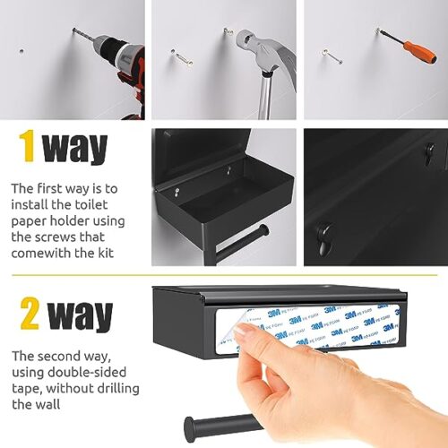Matte Black Toilet Paper Holder With Shelf And Storage – Premium Quality Sus304 Stainless Steel Flushable Wipes Dispenser – Screw And Adhesive Toilet Paper Holder For Bathroom (Large)