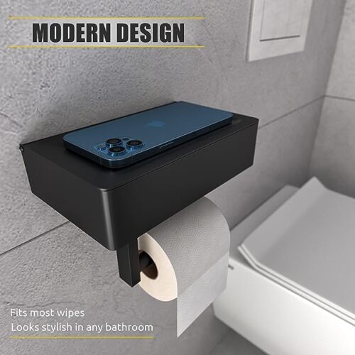 Matte Black Toilet Paper Holder With Shelf And Storage – Premium Quality Sus304 Stainless Steel Flushable Wipes Dispenser – Screw And Adhesive Toilet Paper Holder For Bathroom (Large)