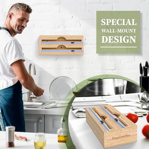Premium Bamboo Foil And Plastic Wrap Organizer: The 2-In-1 Solution With Cutter And Labels For Streamlined Kitchen Storage